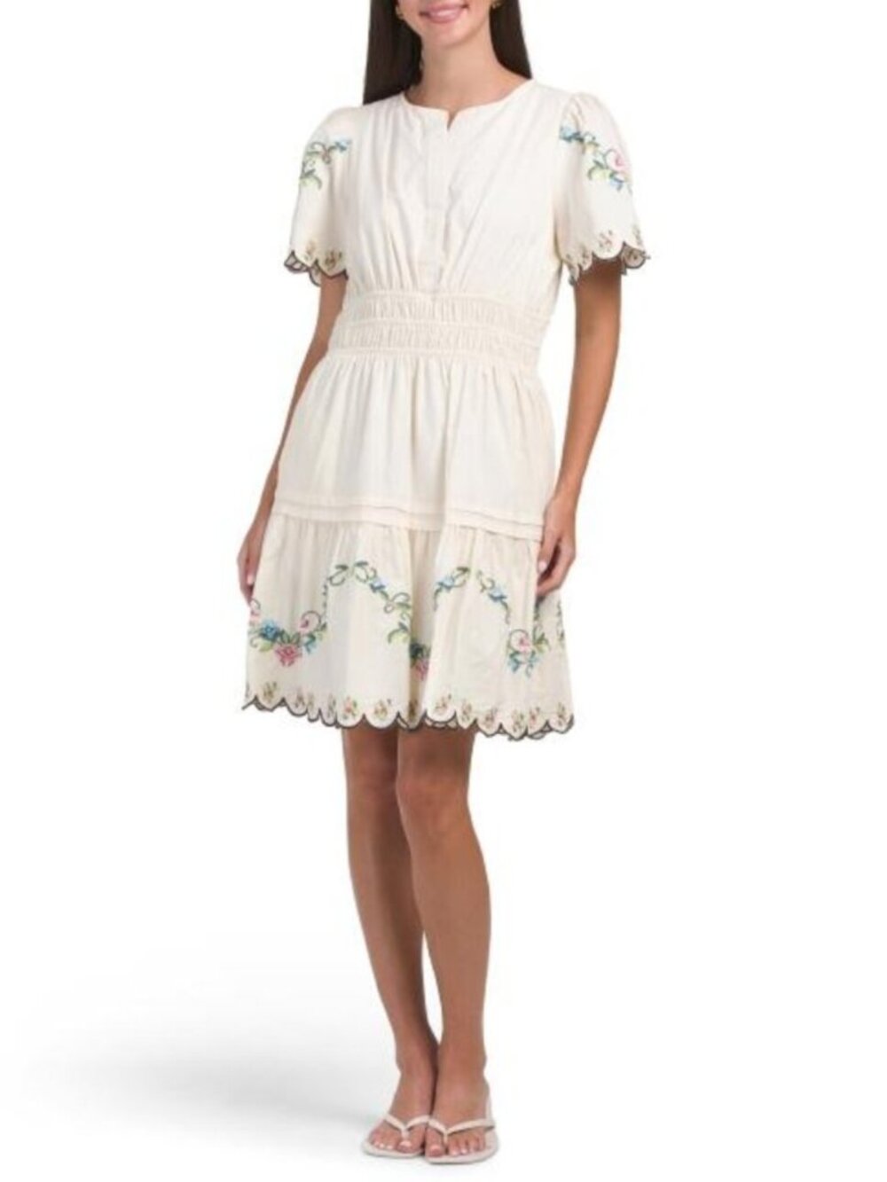 LEA Short Sleeve Needlepoint Embroidered Ruched Waist Mini Dress